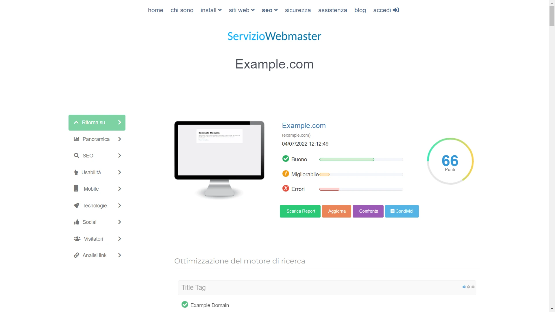 Screenshot di un sito web di servizi